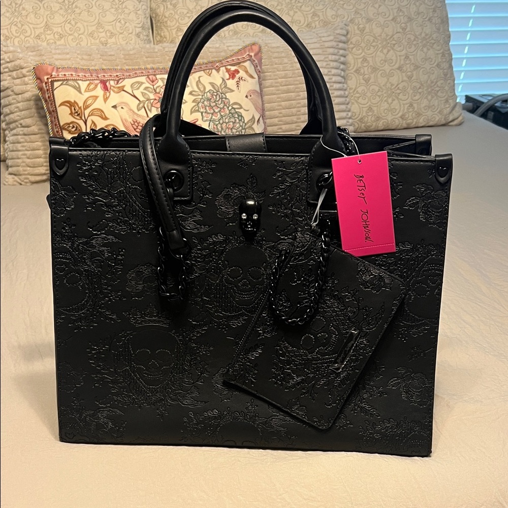 Betsey Johnson Black Embossed Skull Tote Bag